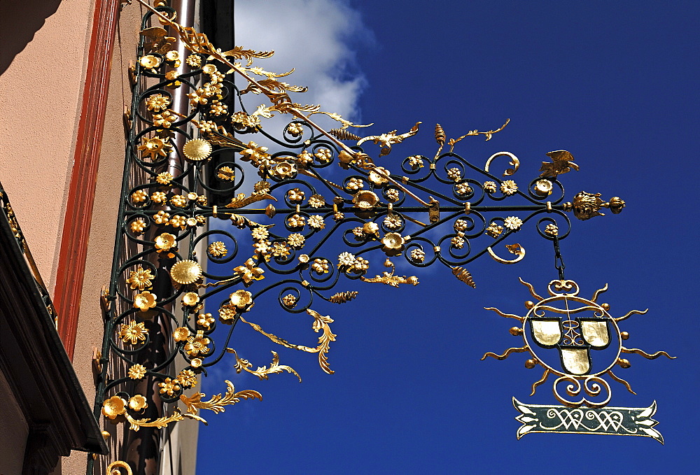 Ornate hanging sign of a craft business, Nuremberg, Middle Franconia, Bavaria, Germany, Europe