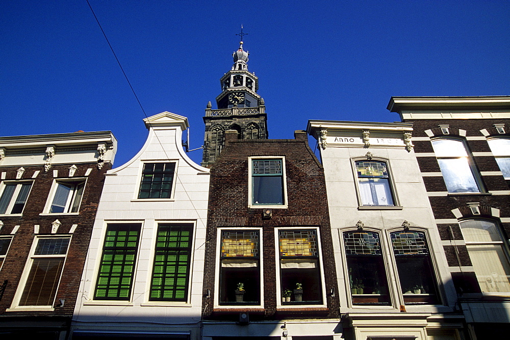 Heritage-protected buildings in the market square of Gouda, Sint Janskerk church in the back, province of South Holland, Zuid-Holland, Netherlands, Benelux, Europe