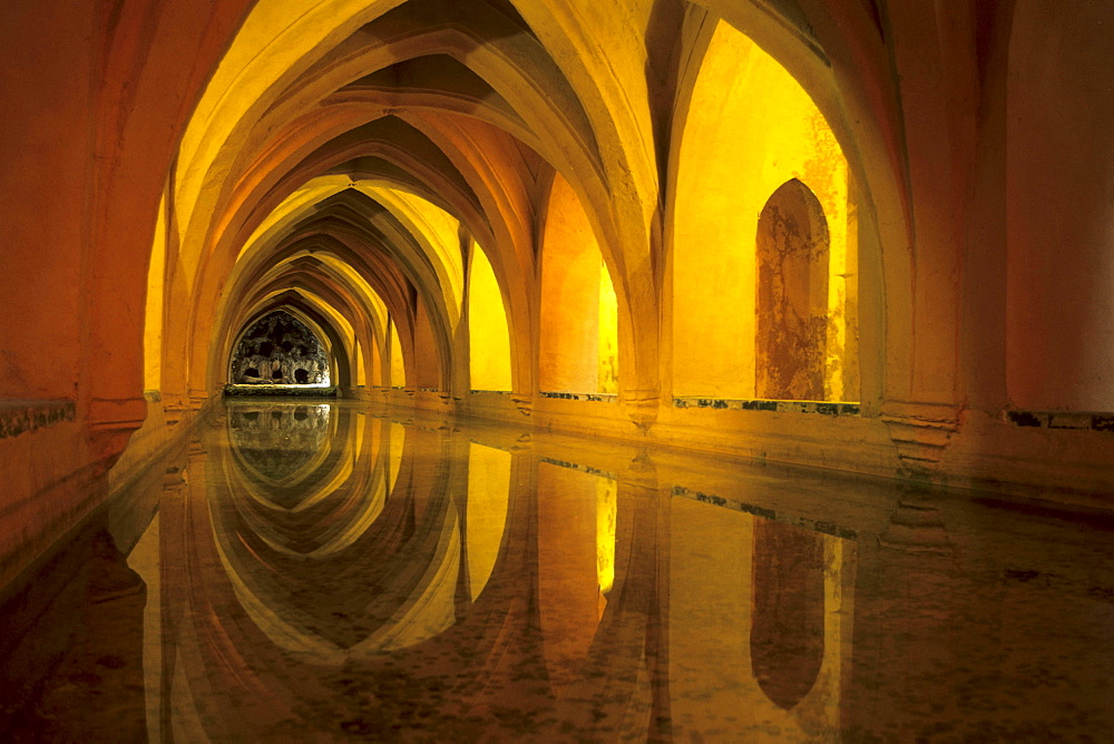 Royal residence, Real Alcazar palace, Reales Alcazares, Banos de Dona Maria de Padilla, a pond in the vaulted cellars, Seville, Andalusia, Spain, Europe