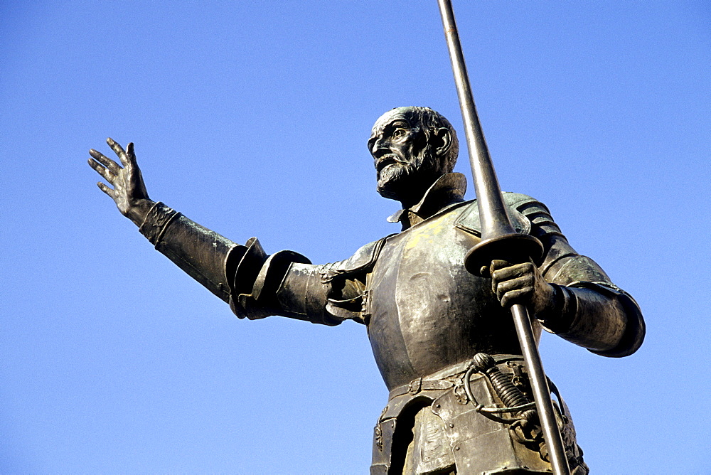 Monumento de Cervantes, Cervantes monument with a sculpture of Don Quixote on the Plaza de Espana, Madrid, Spain, Europe