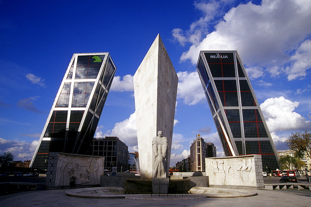 Modern towers and sculpture at the end of the Paseo de la Castellana, Torres Kio, Puerta de Europa, Plaza de Castilla, Madrid, Spain, Europe