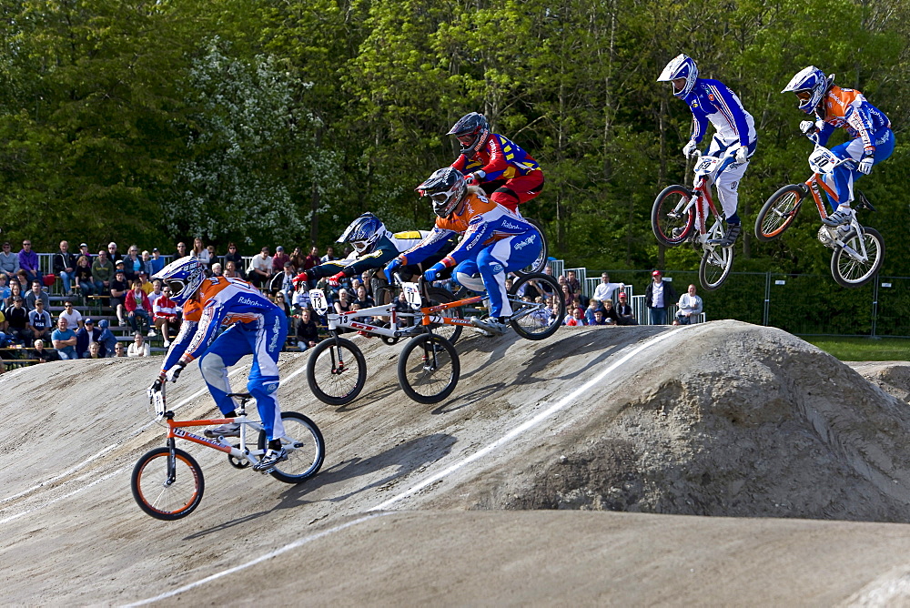 Six racing competitors at the BMX Supercross World Cup, Copenhagen, Denmark