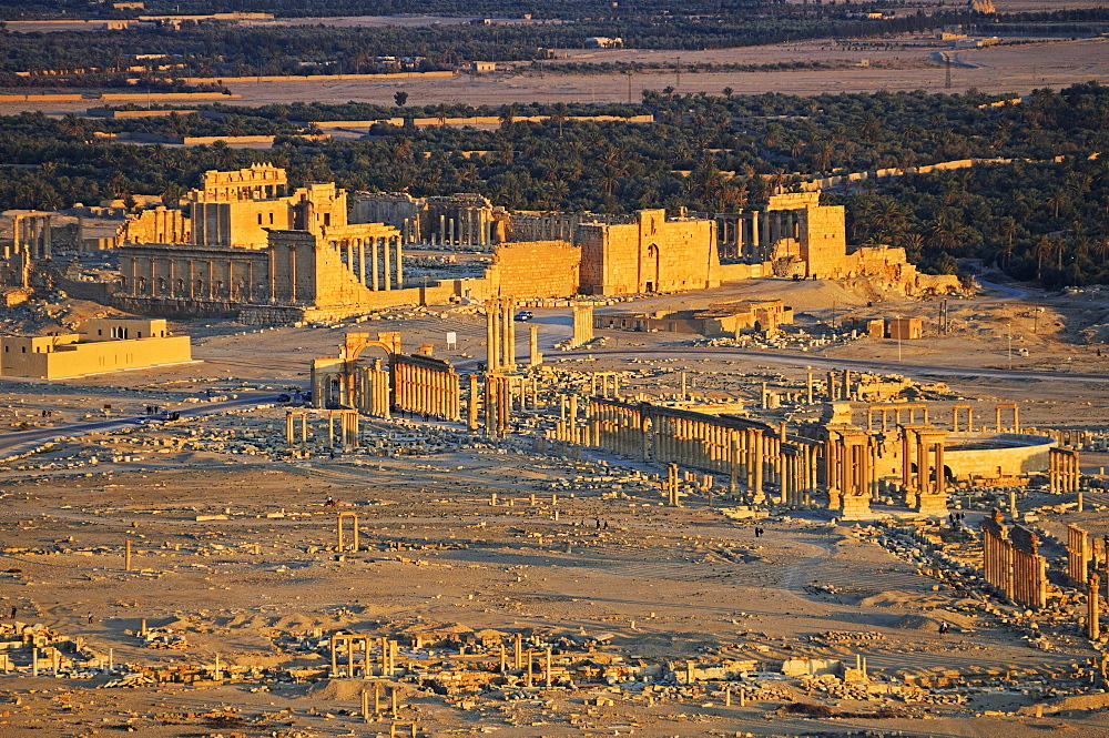 View from the castle Qala'at Ibn Ma'n on the ruins of the Palmyra archeological site, Tadmur, Syria, Asia