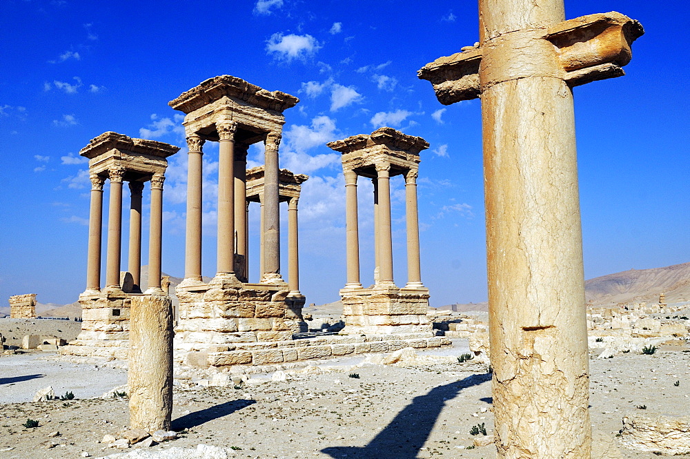 Tetra pylon in the ruins of the Palmyra archeological site, Tadmur, Syria, Asia