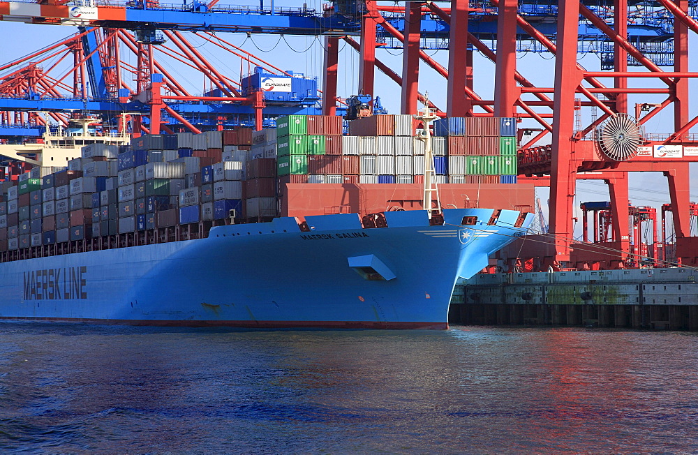 Large container ship, Maersk Line, Maersk Salina, being loaded, Eurogate Container Terminal, container bridges, container, port, Hanseatic City of Hanseatic City of Hamburg, Germany, Europe