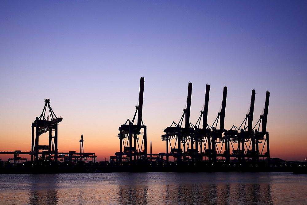 Container Terminal Altenwerder, loading cranes, gantry cranes, blue hour, port, Hamburg, Germany, Europe