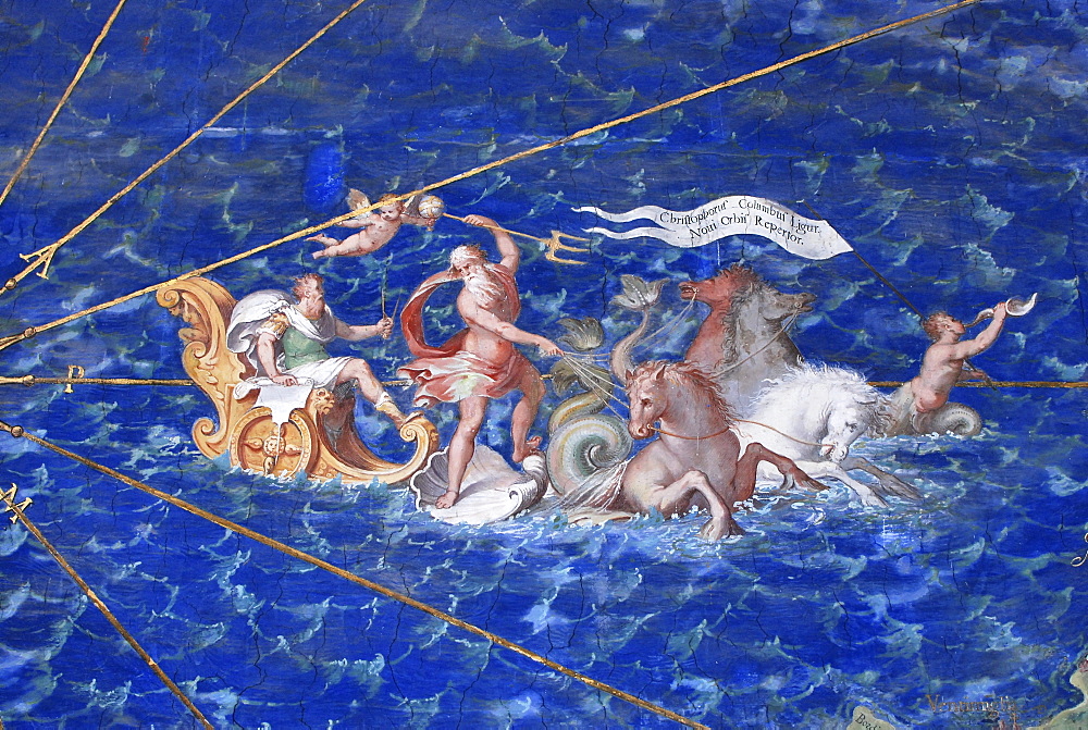 Detail of a map in the gallery of maps, Poseidon rises with his chariot from the sea, Vatican Museums, Old Town, Vatican City, Italy, Europe