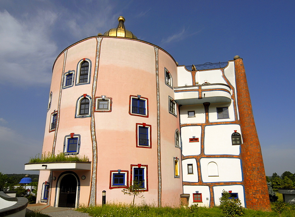 Eccentric architecture of Rogner Thermal Spa and Hotel, designed by Friedensreich Hundertwasser, Bad Blumau, Austria, Europe