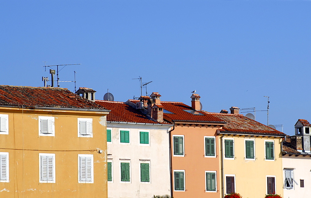 Colourful facades of venetian-style houses in picturesque town of Rovinj in Istria, Croatia, Europe