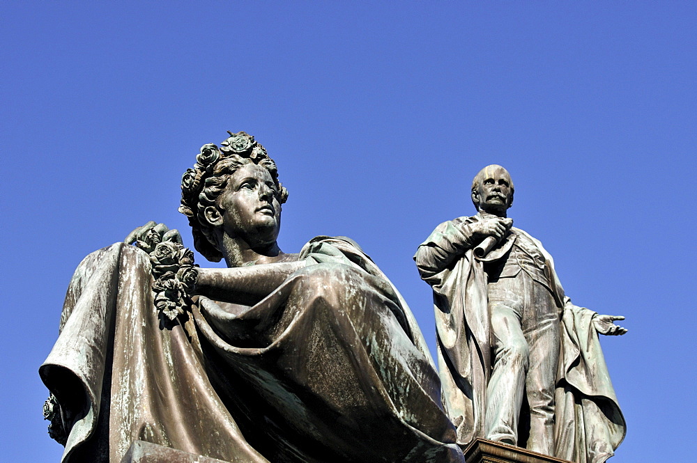 Female figure representing River Mur and statue of Archduke Johann, main square, Graz, Styria, Austria, Europe