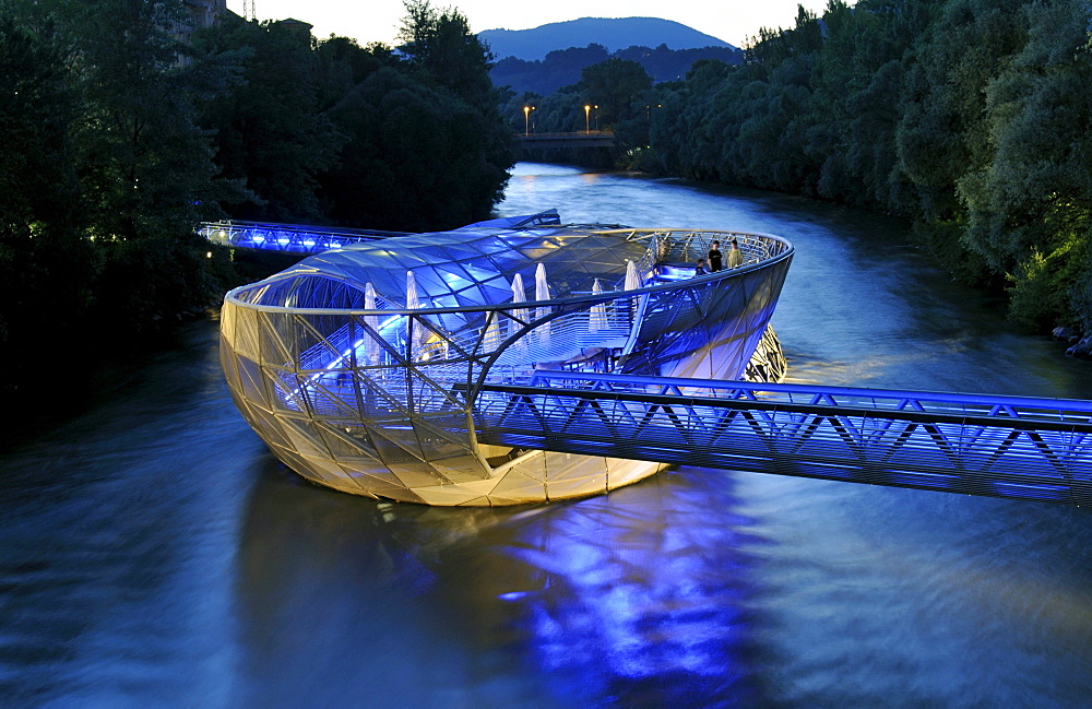 Futuristic shell-shaped artificial Murinsel, Mur Island, with steel dome and footbridges, designed by Vito Acconci, Graz, Styria, Austria, Europe