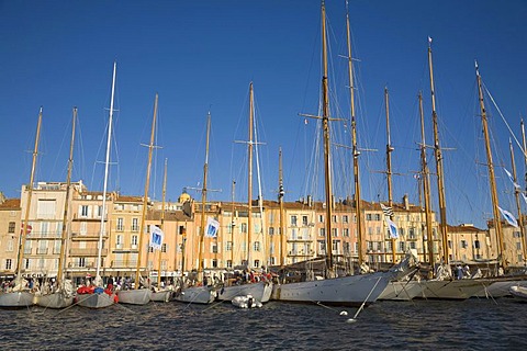 Sailing yachts in the marina of Saint-Tropez during the sailing regatta "Les Voiles de Saint-Tropez", Departement Var, at the Cote d'Azur, Provence, Southern France, France