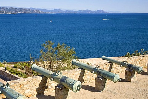 Historical cannons of the citadel above the bay of Saint-Tropez, Departement Var, Cote d'Azur, Provence, Southern France, France