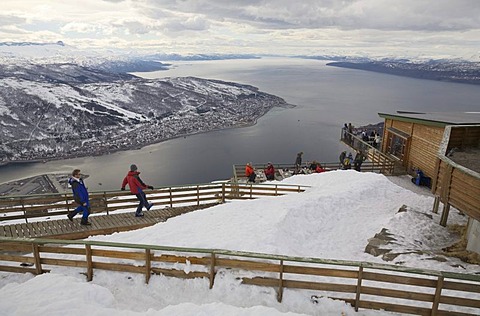 View over a ski hut on Fagernes-Fjellet Mountain down to Narvik and over Ofotfjord, Narvik, Norway, Europe