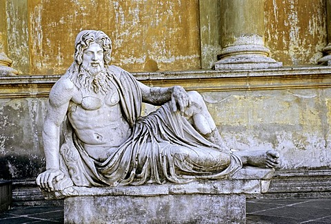 Antique statue of a reclining god, Braccio Nuovo new wing, Cortile della Pigna museum, Vatican museums, Vatican City, Rome, Latium, Italy, Europe