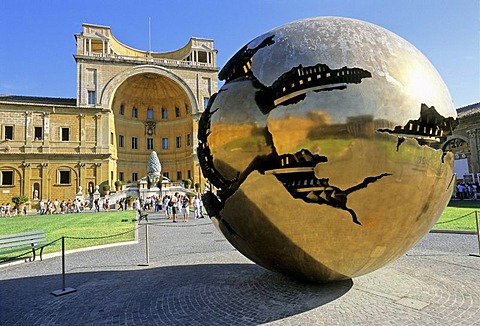 Mappa Monda globe, Palazzetto del Belvedere with giant pine cone, Cortile della Pigna museum, Vatican museums, Vatican City, Rome, Latium, Italy, Europe