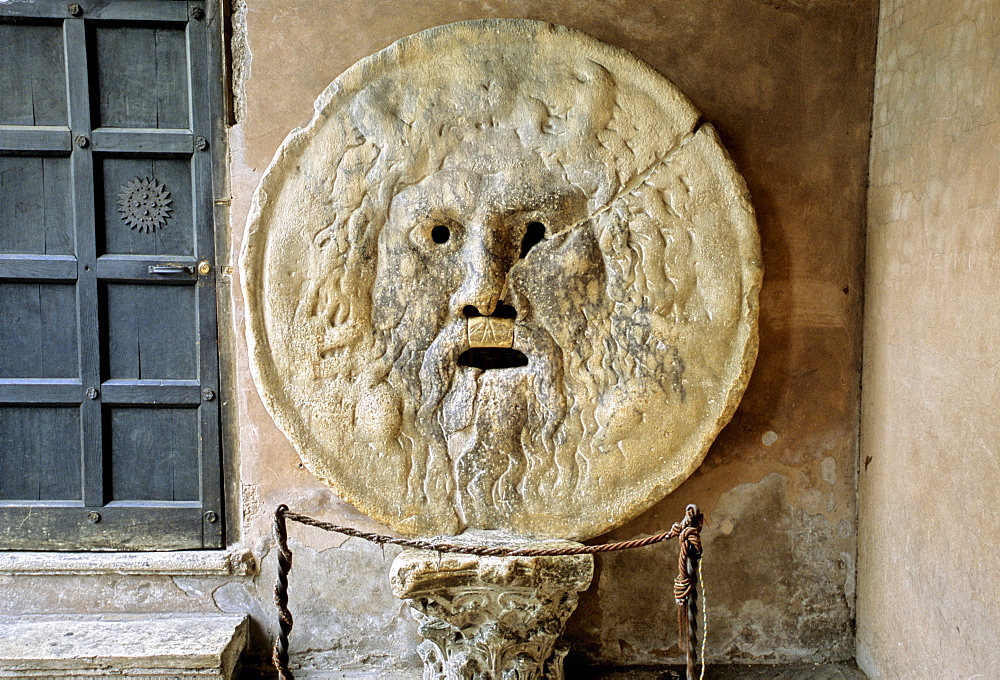 Stone mask of a river god, Mouth of Truth, Bocca della Verita, Basilica of S. Maria in Cosmedin, Rome, Latium, Italy, Europe