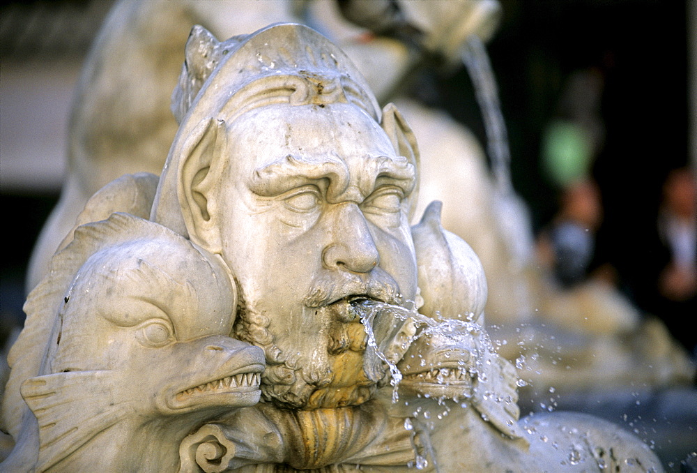 Fountain sculpture, sea creature with fish, Fontana del Moro Fountain, Piazza Navona, Rome, Lazio, Italy, Europe