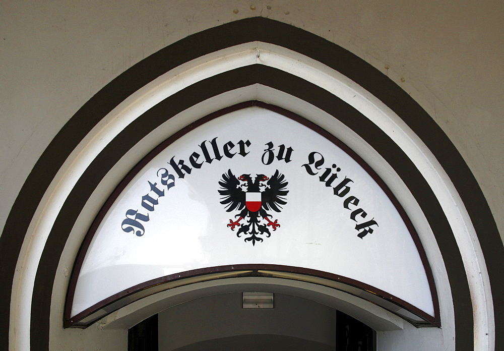 Entrance to the Ratskeller restaurant under the town hall, Hanseatic City of Luebeck, Schleswig-Holstein, Germany, Europe