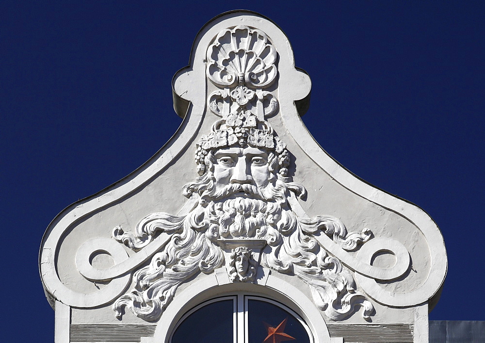 Art Nouveau ornament on the gable of a house at the market square, Eutin, Schleswig-Holstein, Germany, Europe