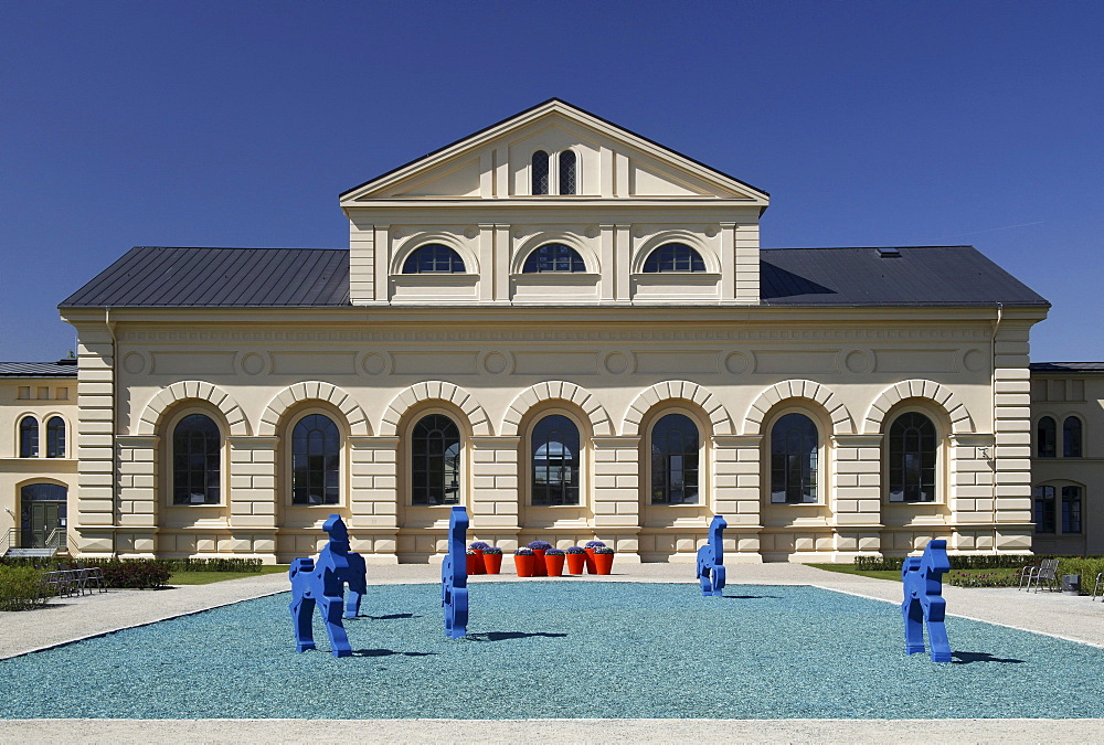 Former Marstall stables which today house various ministries and the Technisches Landesmuseum National Technical Museum, art installation for the Federal Garden Show, Schwerin, Mecklenburg-Western Pomerania, Germany, Europe