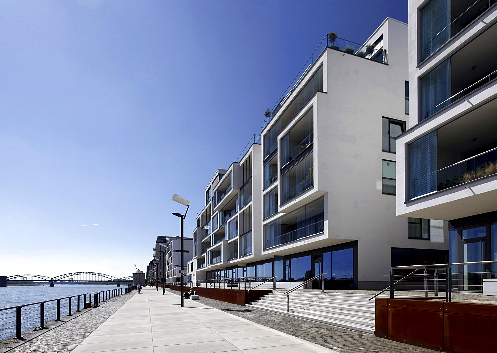 Residential building Wohnwer(f)t and promenade at the Rheinauhafen harbour, Cologne, Rhineland, North Rhine-Westphalia, Germany, Europe