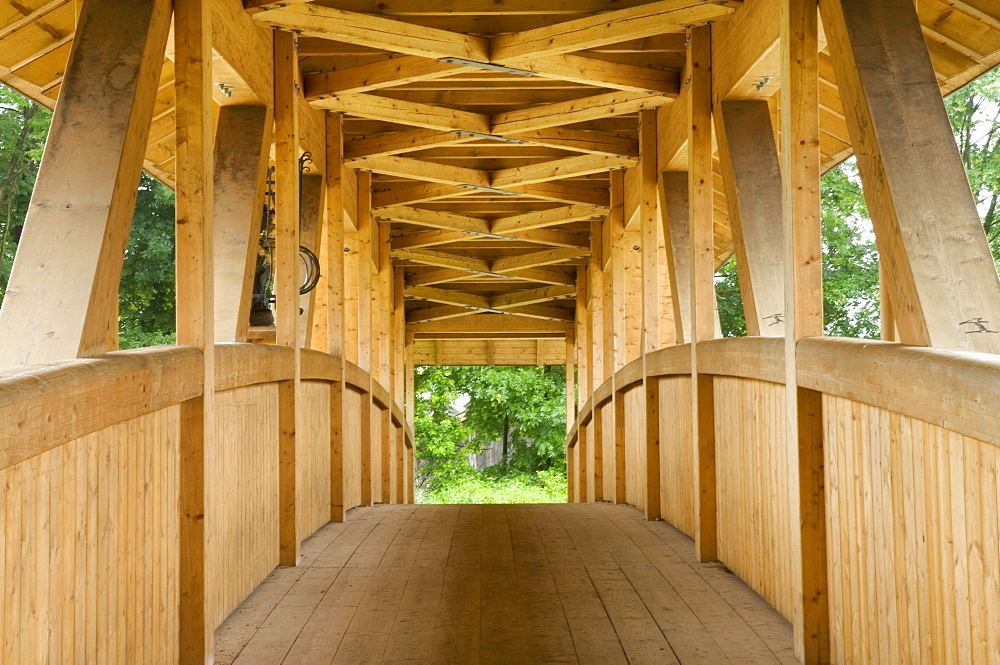 Wooden bridge over Loisach River in Garmisch-Partenkirchen, Bavaria, Germany, Europe