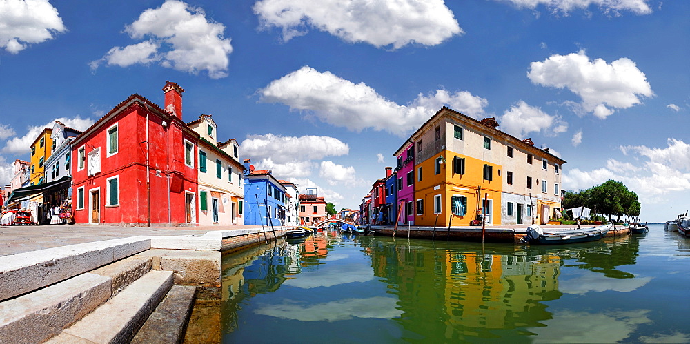 Panoramic view of the city with colorfully painted houses and canals of Burano, Venice, Italy, Europe