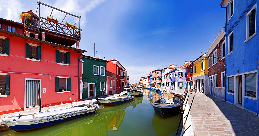 Panoramic view of the city with colorfully painted houses and canals of Burano, Venice, Italy, Europe