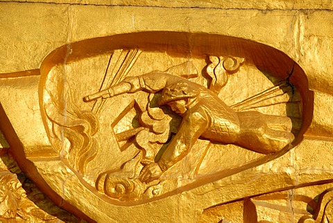 First Indochina War 1954, fighting Viet Minh soldier of the infantry, golden relief at the military cemetery, Dien Bien Phu, Vietnam, Southeast Asia, Asia