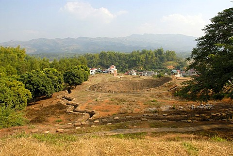 First Indochina war 1954, battlefield with trenches and a large bomb crater on the Mt A1, Dien Bien Phu, Vietnam, Southeast Asia