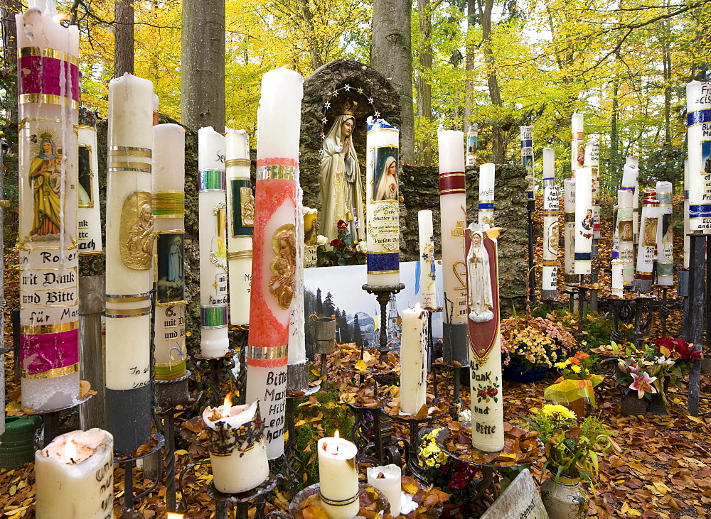 Mary pieta, Catholic pilgrimage site, miraculous image of the Painful Mother of God, candles, Ziemetshausen, In den Stauden, Swabia, Bavaria, Germany, Europe