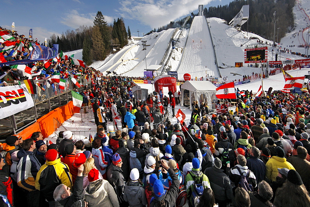 Slalom on Gudiberg mountain, Ski World Cup, winter sports, grandstand, spectators, Garmisch Partenkirchen, Upper Bavaria, Bavaria, Germany, Europe