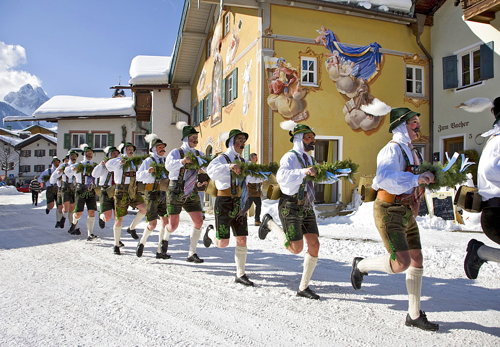 "Schellenruehrer" bell ringers, carnival, Mittenwald, Werdenfels, Upper Bavaria, Bavaria, Germany, Europe