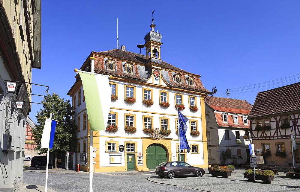 Town hall of Roettingen in the Taubertal valley near Wuerzburg, Lower Franconia, Bavaria, Germany, Europe