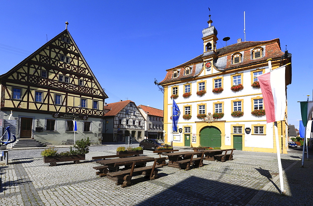 Town hall of Roettingen in the Taubertal valley near Wuerzburg, Lower Franconia, Bavaria, Germany, Europe