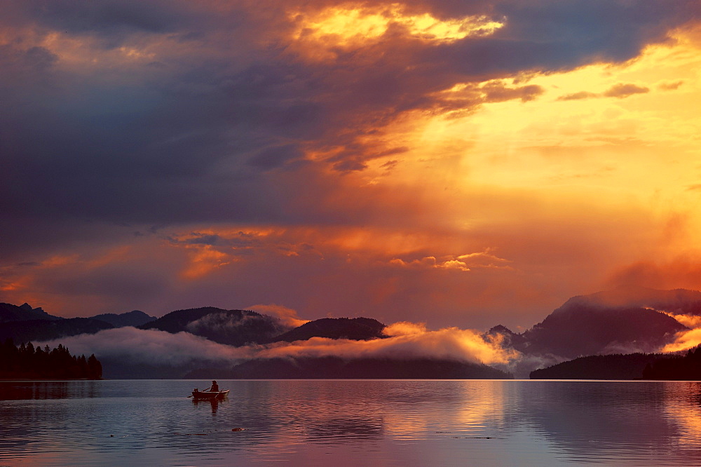 Fishermen in small boats at first light, Walchensee lake, Kochel, Upper Bavaria, Bavaria, Germany, Europe