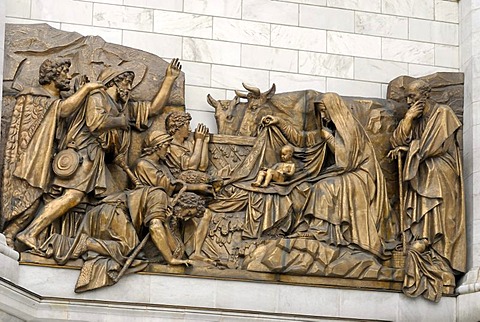 Fragment of facade with high relief of Bible scene, Cathedral of Christ the Saviour, Moscow, Russia