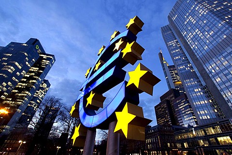 European Central Bank, right, with the euro symbol and Dresdner Bank, left, in Frankfurt am Main, Hesse, Germany, Europe