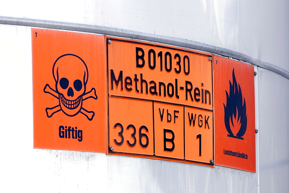 Warning sign, methyl, toxic, highly flammable, at the fuel depot of the pharmaceutical company Boehringer Ingelheim GmbH, Ingelheim, Rhineland-Palatinate, Germany, Europe