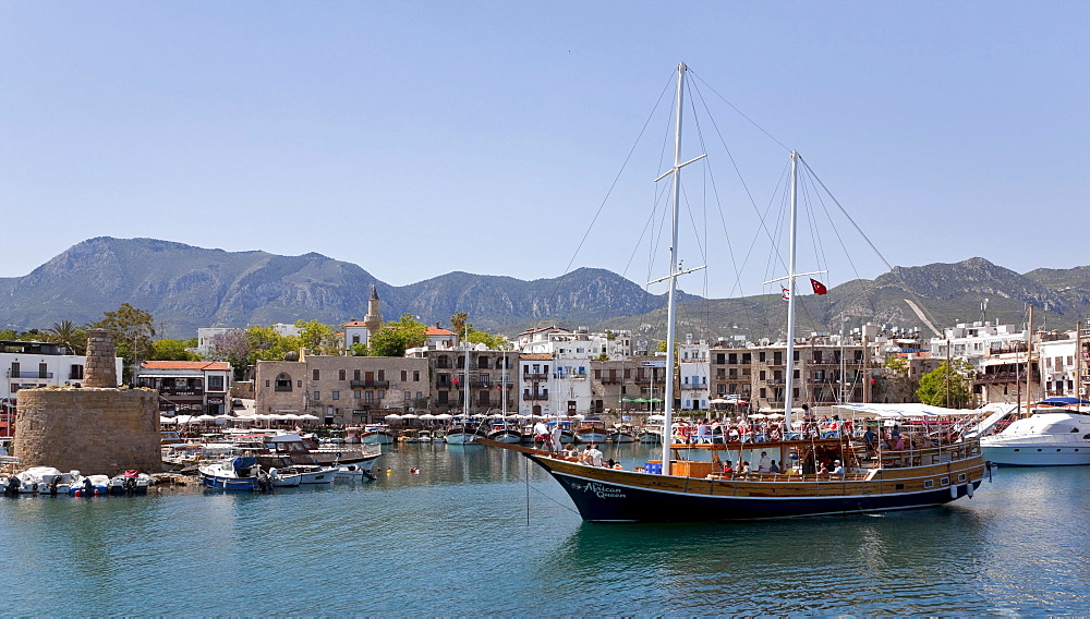 A sailing ship in the port of Kyrenia, also known as Girne, Northern Cyprus, Cyprus, Europe