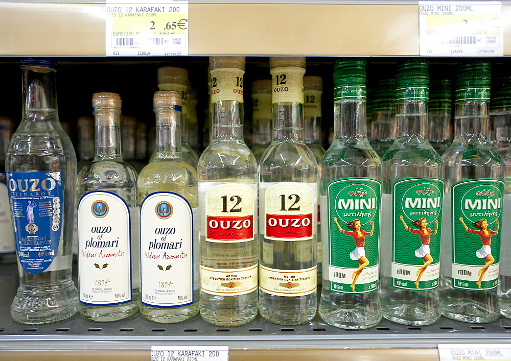 Different brands of Ouzo on a shelf in a Cypriot supermarket, Cyprus, Europe