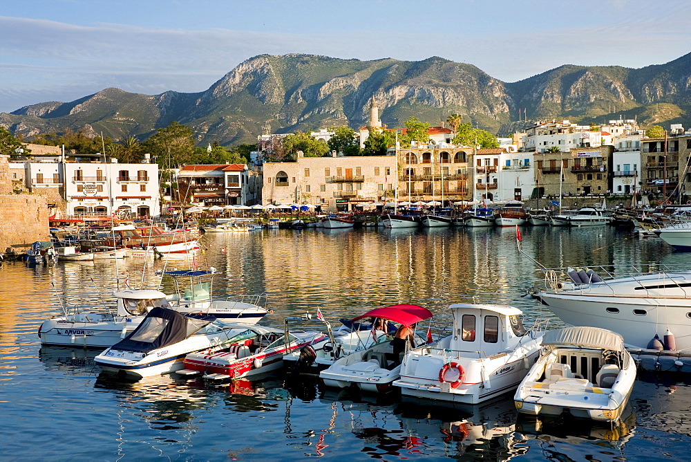 Evening mood at the fishing port of Kyrenia, also known as Girne, Northern Cyprus, Cyprus, Europe