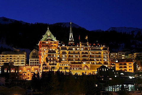 Illuminated Hotel Palace in the evening, St. Moritz, Oberengadin, Graubuenden, Switzerland