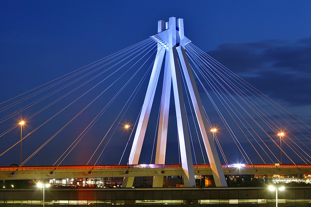 Bridge of the B37 highway at the railway station at dusk, cable-stayed bridge, Bahnhofbruecke, Ludwigshafen am Rhein, Rhineland-Palatinate, Germany, Europe