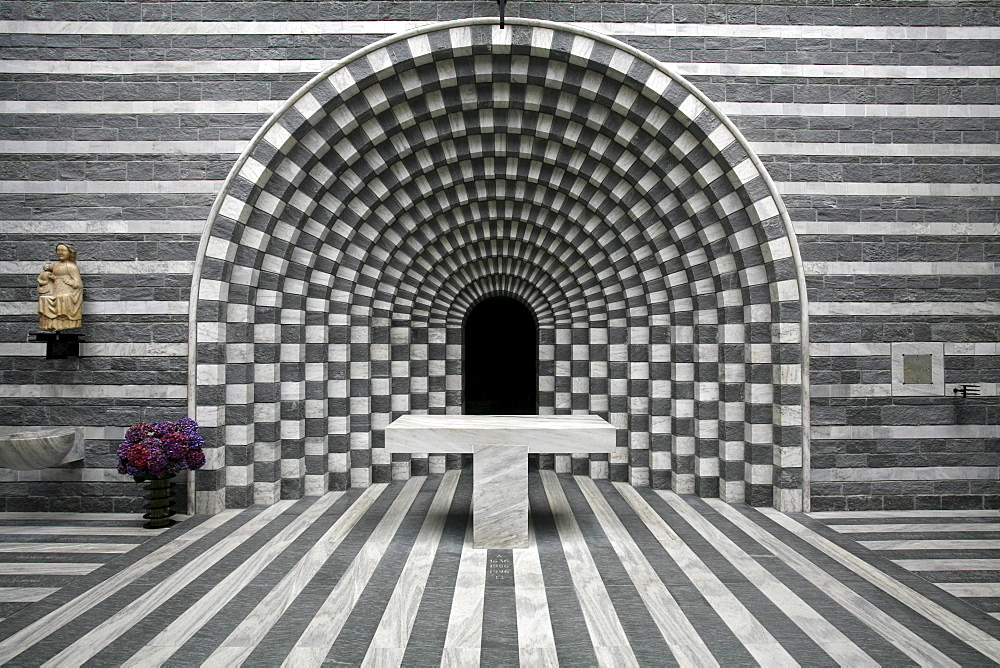 The granite church designed by star architect Mario Botta in Mogno, Valle Maggia, Ticino, Switzerland, Europe