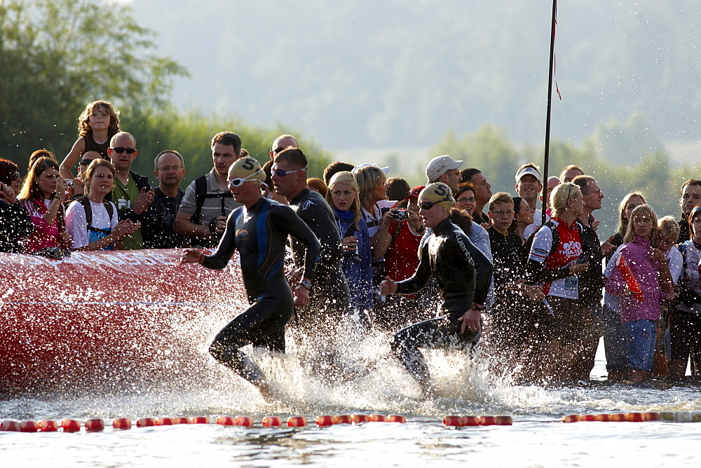 Triathlon, Mirjam Weerd, Netherlands, left, finish line of swimming competition, Ironman Germany, Frankfurt, Hesse, Germany, Europe