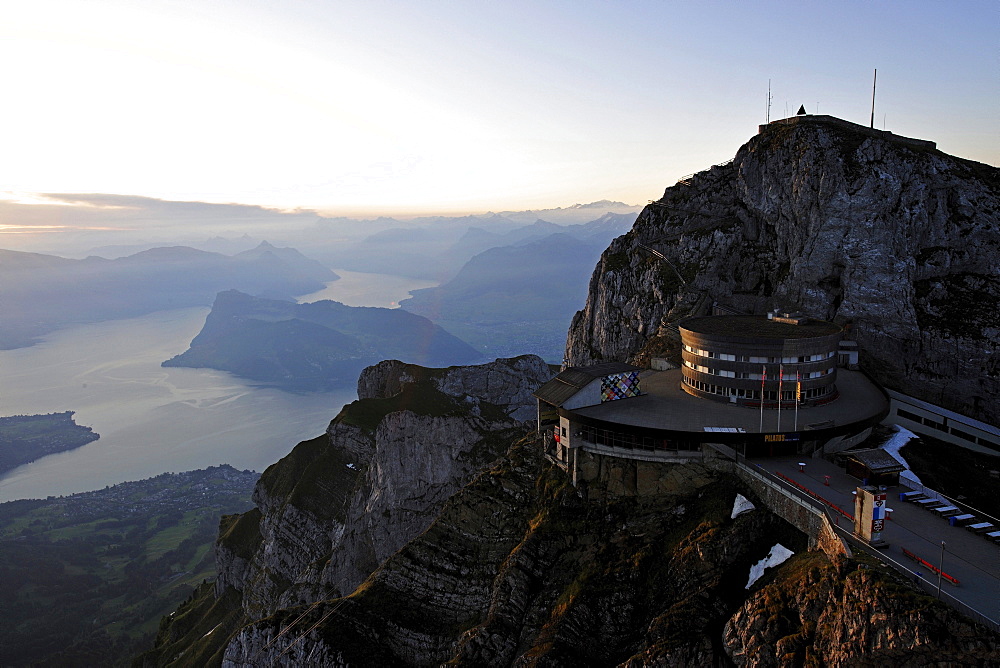 The Hotel Bellevue on the Mount Pilatus excursion mountain in the early morning with a view of Lake Lucerne, in Lucerne, Switzerland, Europe