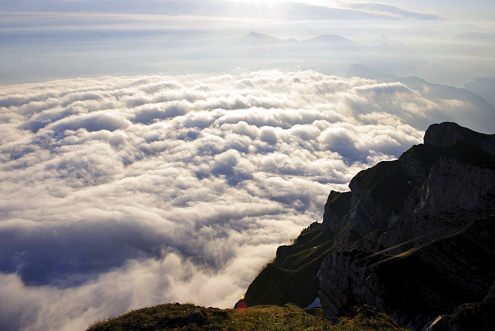 Fog over Lake Lucerne seen from Mount Pilatus excursion mountain, Switzerland, Europe