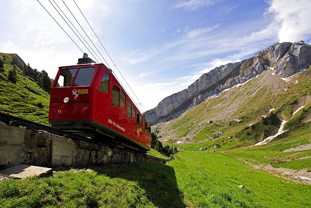 Cogwheel railway to Mount Pilatus, a recreational mountain near Lucerne, the 48% gradient making it the steepest cogwheel railway in the world, Switzerland, Europe